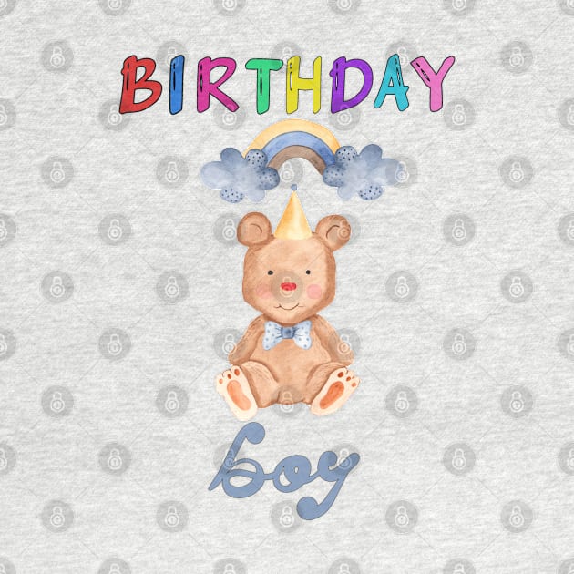 Birthday Boy Cute Teddy Bear and Rainbow Watercolor Art by AdrianaHolmesArt